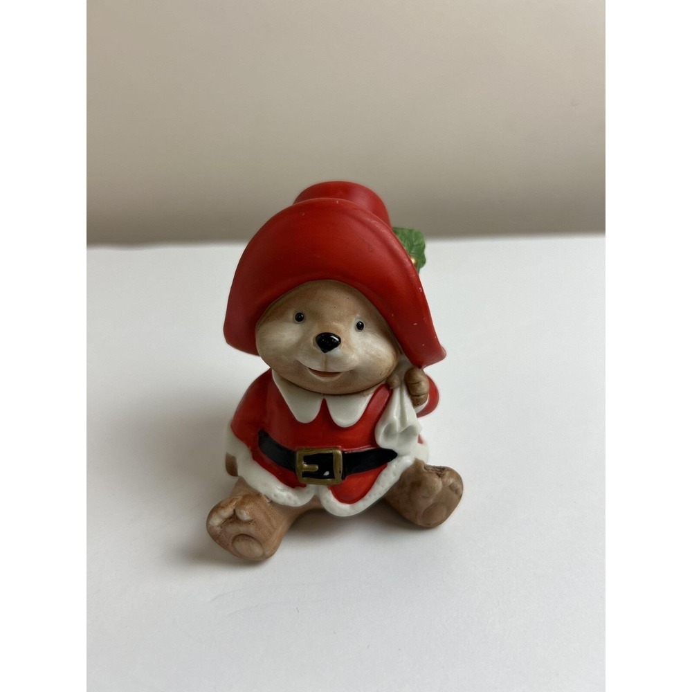 HOMCO Porcelain Christmas Bear Figurine‎ ~ #5600 ~ 3.5" Red Hat Santa Suit & Bag